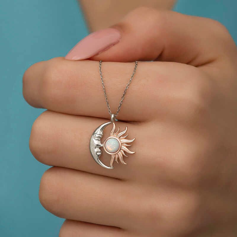 Silver Opal White Stone Moon Sun Necklace