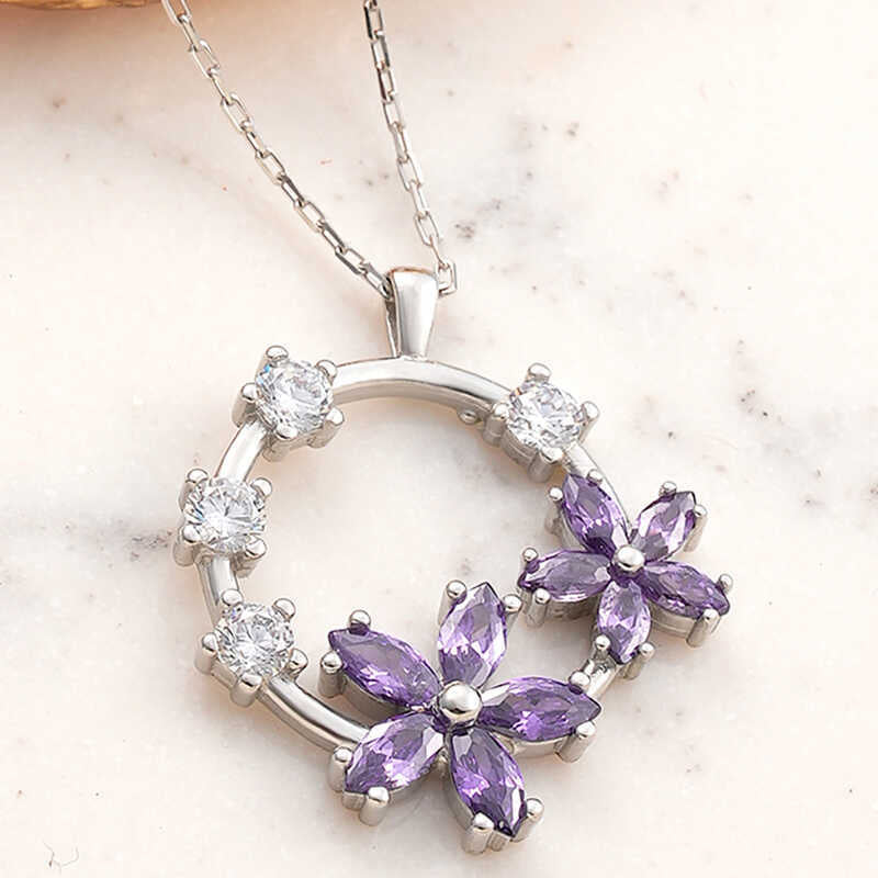 Silver Purple Flower Necklace