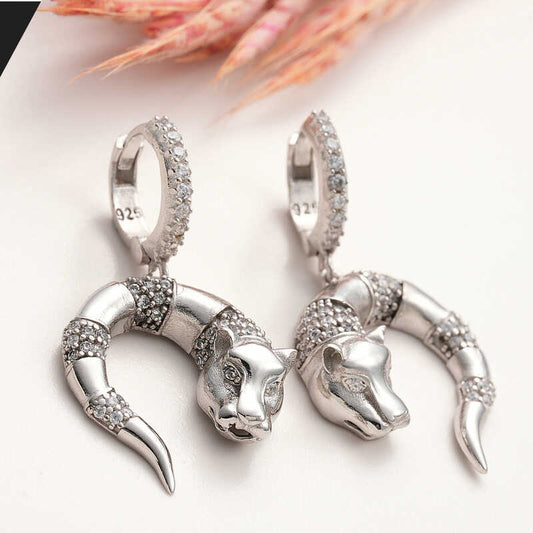 Silver Swinging Tiger Figure Earrings