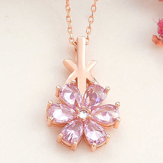 Silver Rose Pink Love Flower Necklace