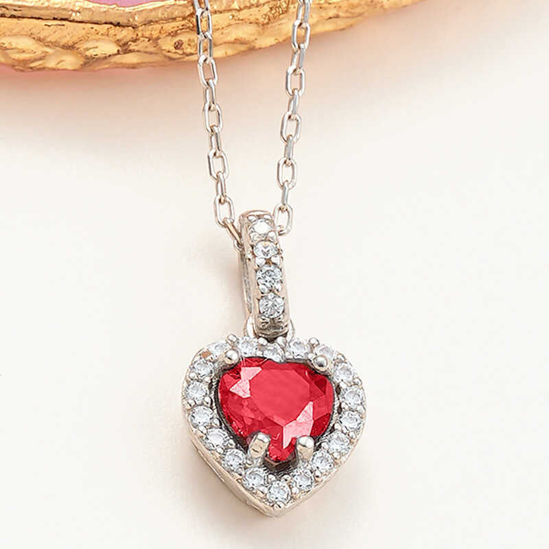 Silver Red Stone Heart Necklaces