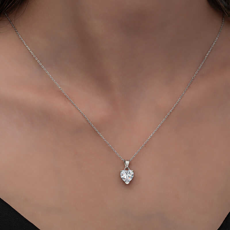 Silver White Stone Heart Necklaces