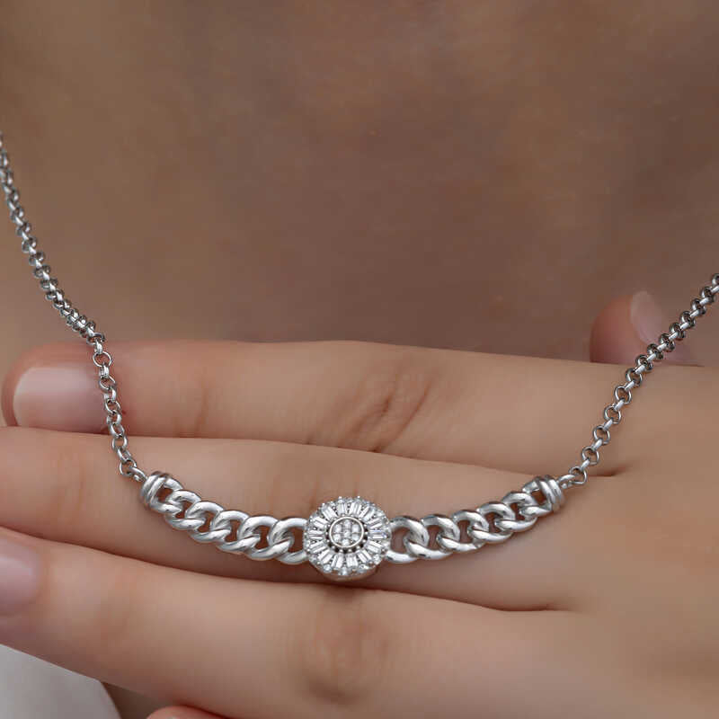 Silver Round Baguette Stone Necklace