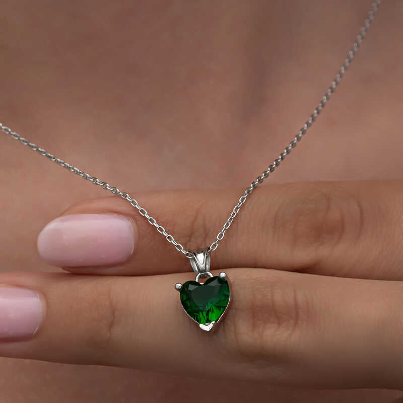 Silver Green Stone Heart Necklaces