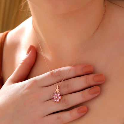 Silver Rose Pink Love Flower Necklace