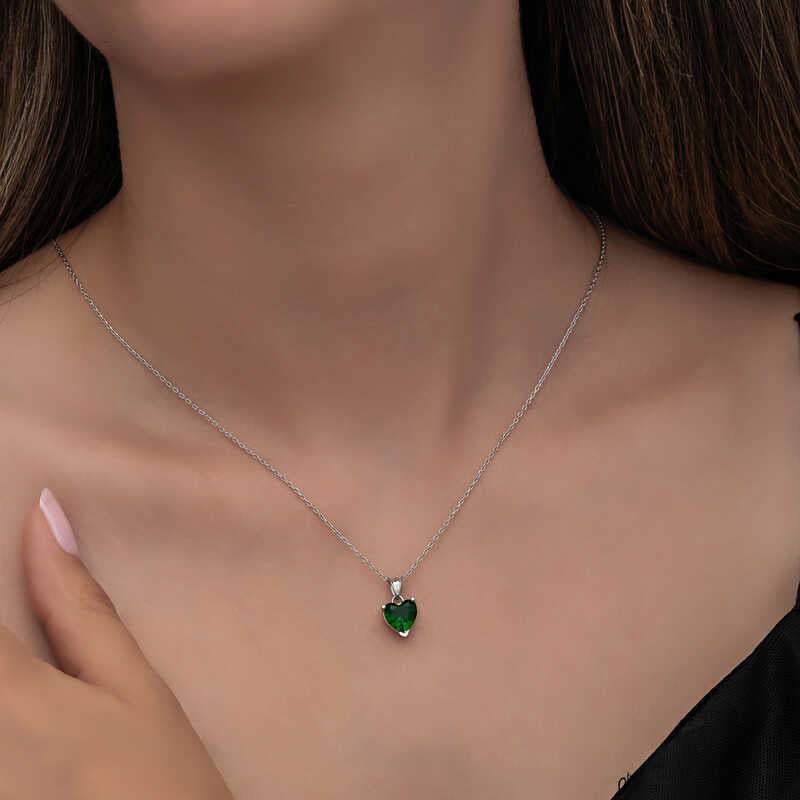 Silver Green Stone Heart Necklaces