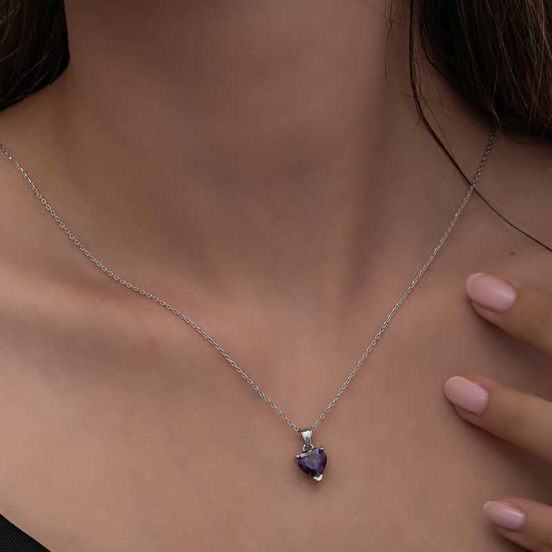 Silver Purple Stone Heart Necklaces