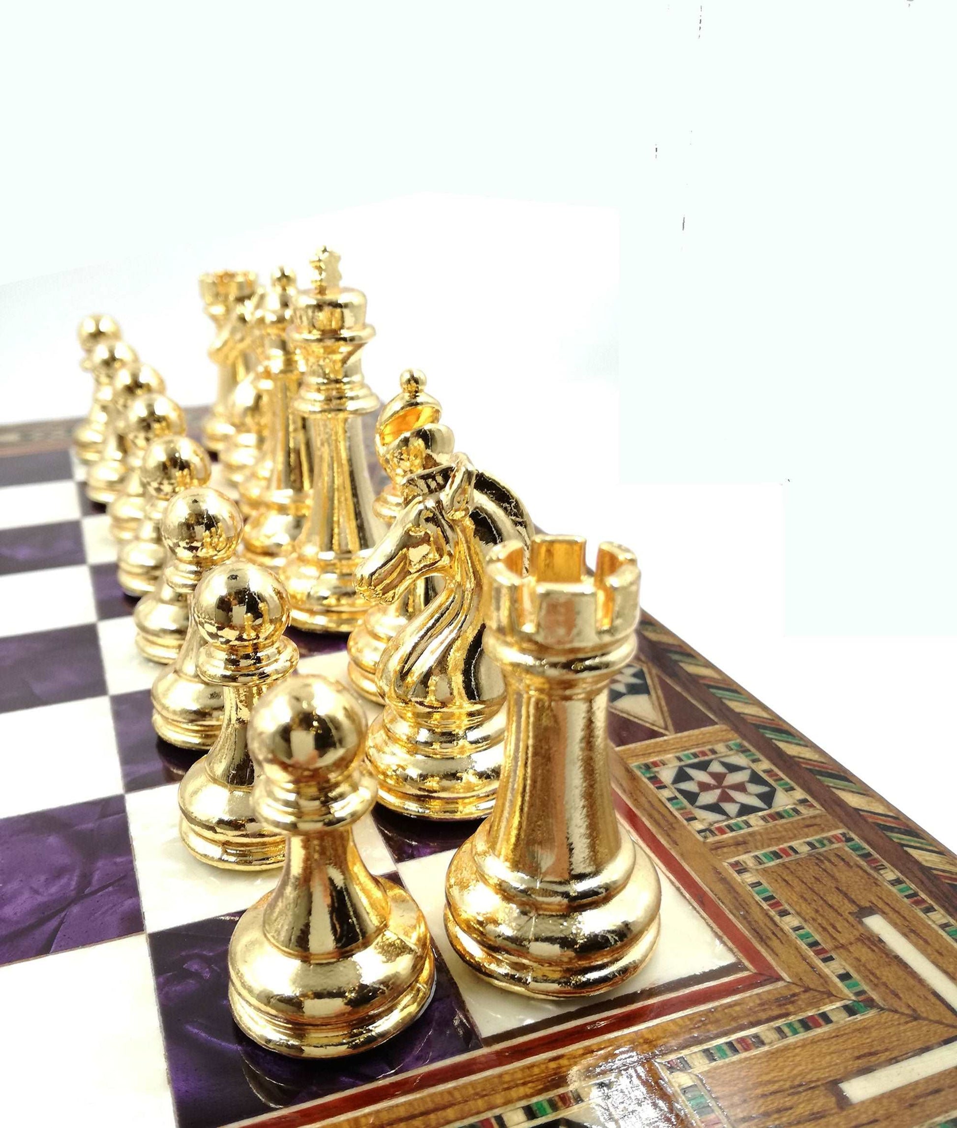 Chess and Metal Stones Processing Antique Gold and Silver Set