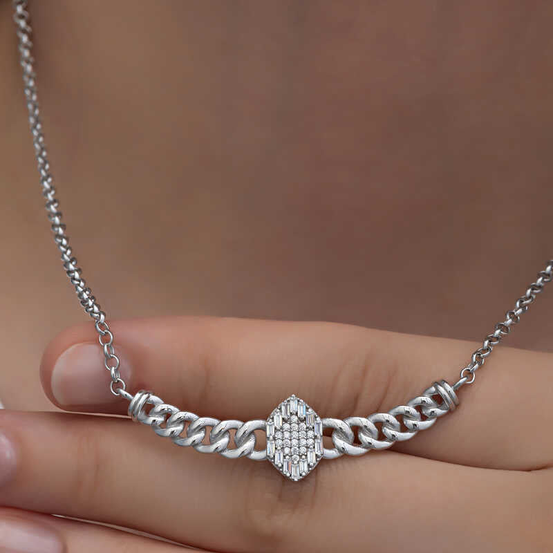 Silver Gurmet Chain Baguette Stone Necklace