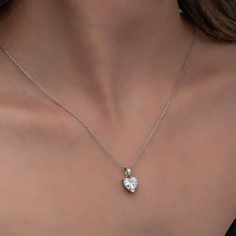 Silver White Stone Heart Necklaces