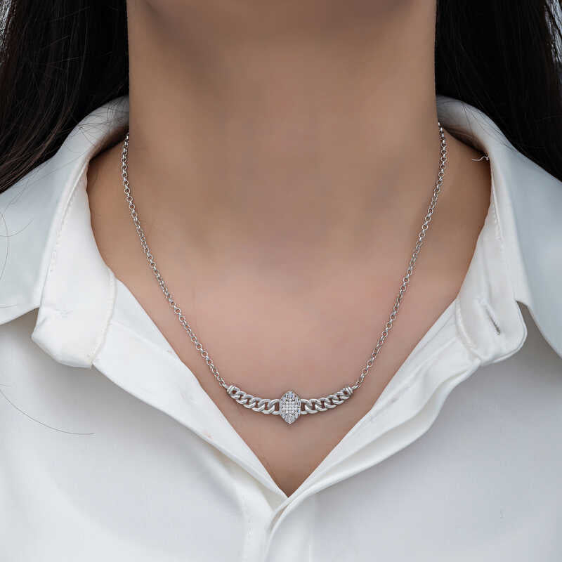 Silver Gurmet Chain Baguette Stone Necklace