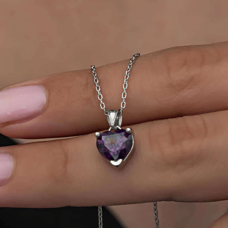 Silver Purple Stone Heart Necklaces